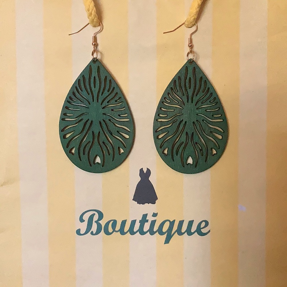 Large green earthy teardrop earrings (wood carved)